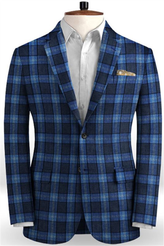 Bespoke Blue Plaid Linen Men Suits | Formal Business Tuxedo with Two ...