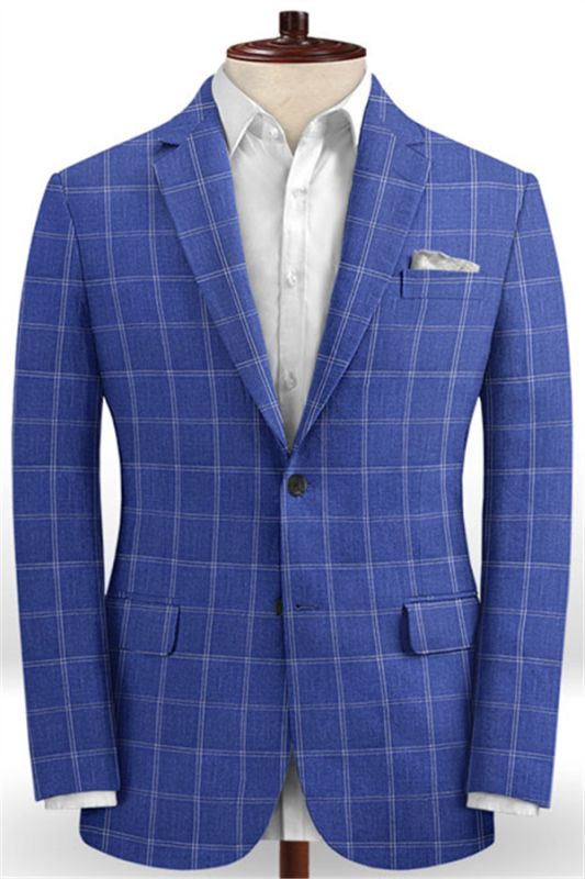 Ocean Blue Grid Linen Men Suits | Notch Lapel Slim Fit Tuxedo