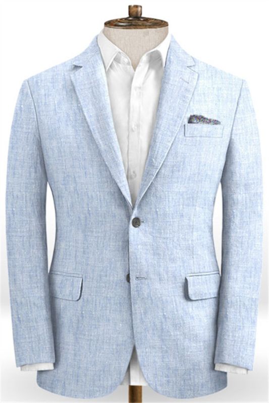 Sky Blue Cotton Linen Summer Wedding Suit, Beach Suit Groom Tuxedos  Bestman Blazer