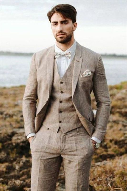 Khaki Linen Summer Beach Mens Classic Suits | 2020 Groom Wedding ...