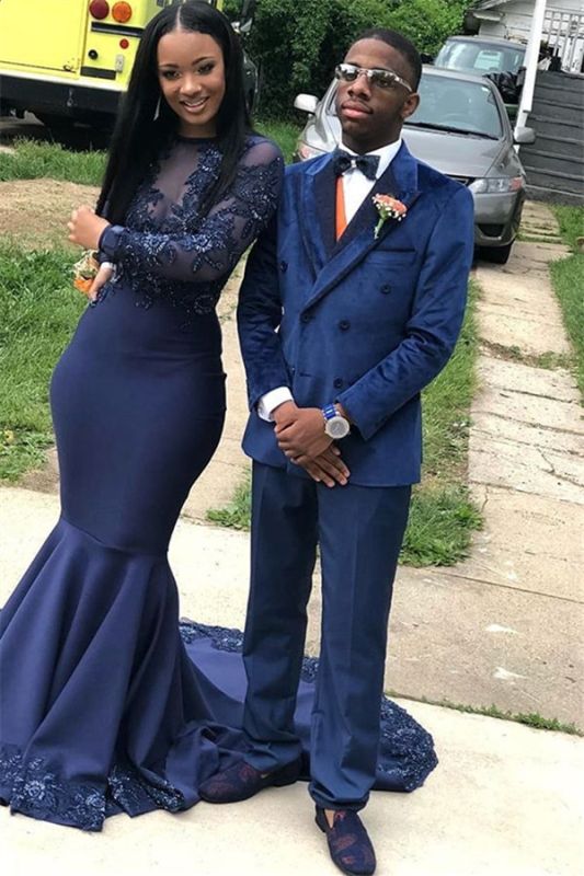 Navy Blue Velvet Men Suit | Peaked Lapel Double Breasted Prom Suit ...