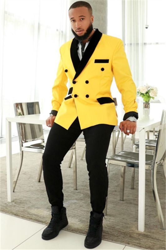 Stylish Yellow Double Breasted Slim Fit Mens Suits with Black Shawl