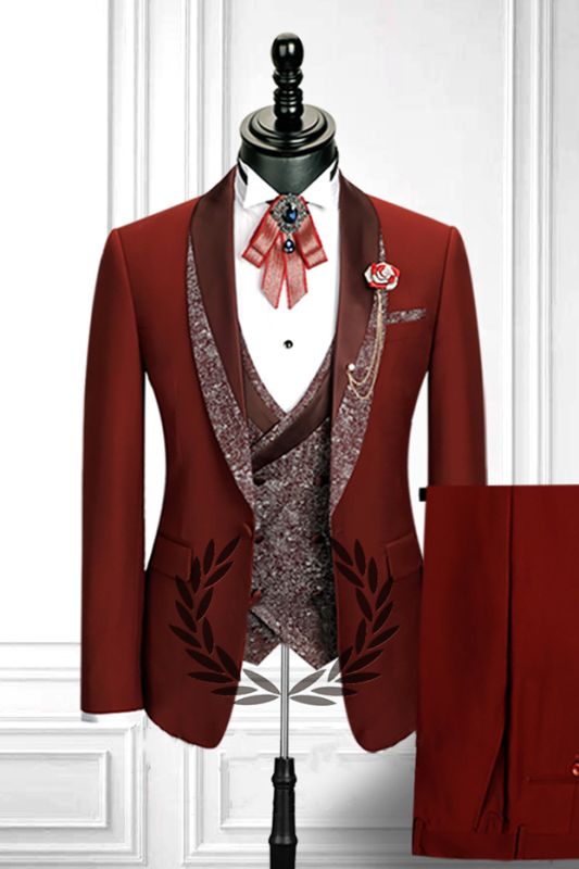 Red 3 Piece Stitching Lapel Stylish Double Breasted Waistcoat Men's ...