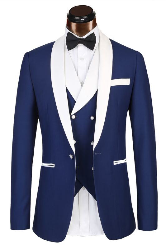 3 Piece Classic White Lapel Edge Banding Formal Blue Men's Suit For ...