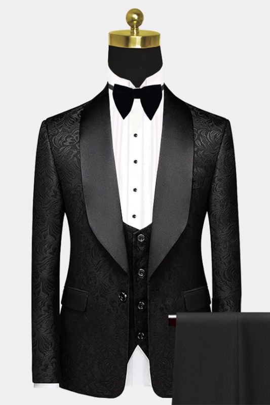 Black Satin Shawl Lapel Prom Suits | One Button Popular Jacquard ...