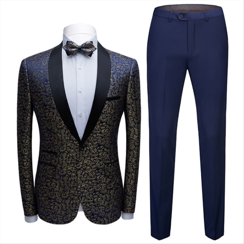 Modern Black Satin Shawl Lapel Wedding Tuxedos | Gold Jacquard Blue Men ...