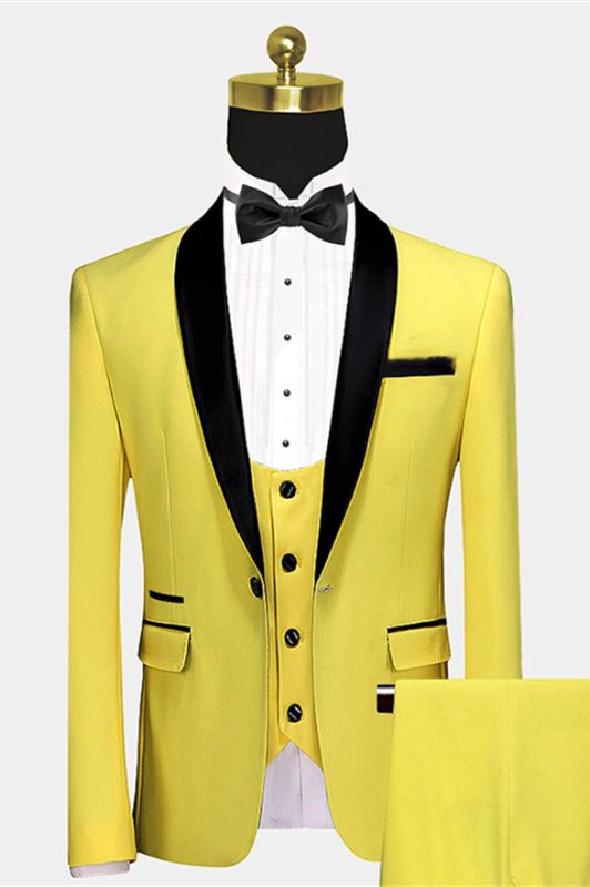 Unique Bright Yellow Wedding Tuxedos for Groom | Black Satin Shawl ...