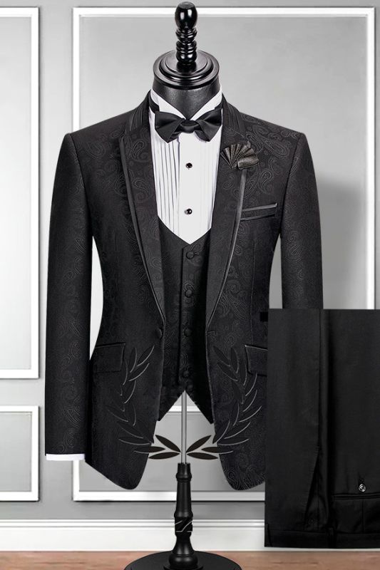 Classic Notch Lapel Black Groom Suit | Slim Fit Jacquard Wedding Tuxedo ...