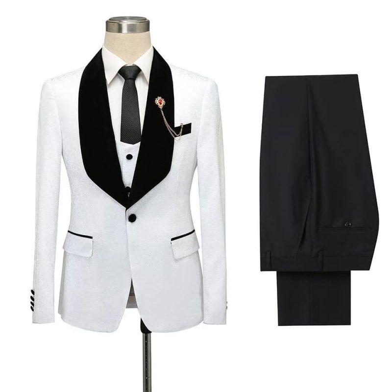 Fernando White Jacquard One Button Wedding Men Suits with Black Lapel