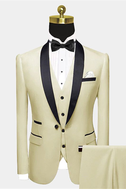 Modern Champagne Prom Suit | Black Satin Shawl Lapel Suits for ...