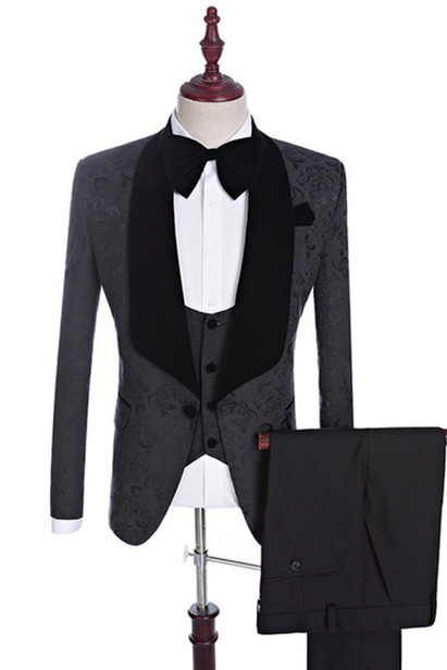 Xander Black Jacquard Three-Pieces Shawl Lapel Wedding Suits for Men ...