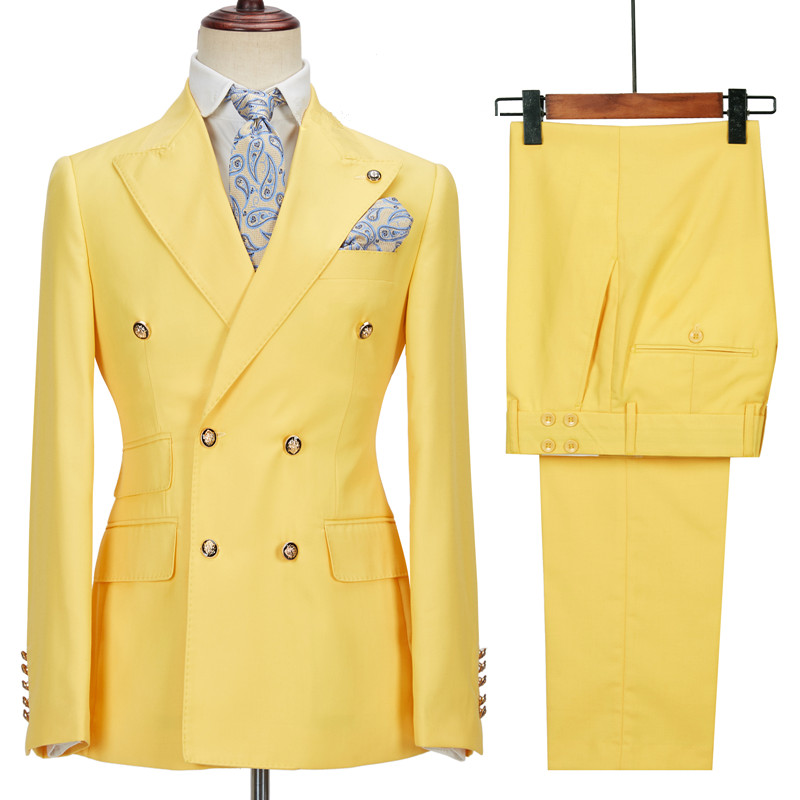 Brodie Yellow Double Breasted Peaked Lapel Slim Fit Bespoke Men