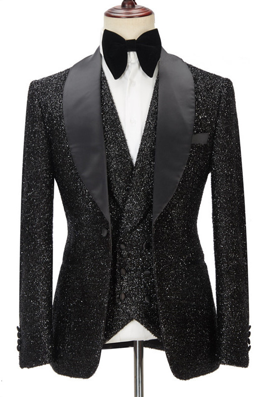 Kane Sparkly Black Three Pieces Shawl Lapel Bespoke Wedding Suit for ...
