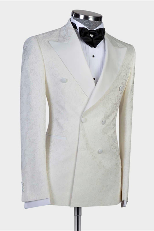 Mekhi White Jacquard Double Breasted Peaked Lapel Wedding Suit for Men ...