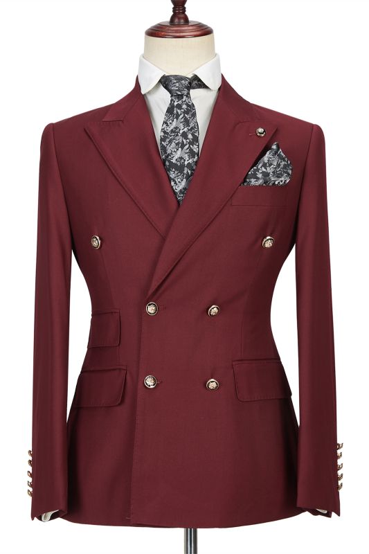 Luman Stylish Double Breasted Burgundy Peak Lapel Mens Formal Suit Allaboutsuit