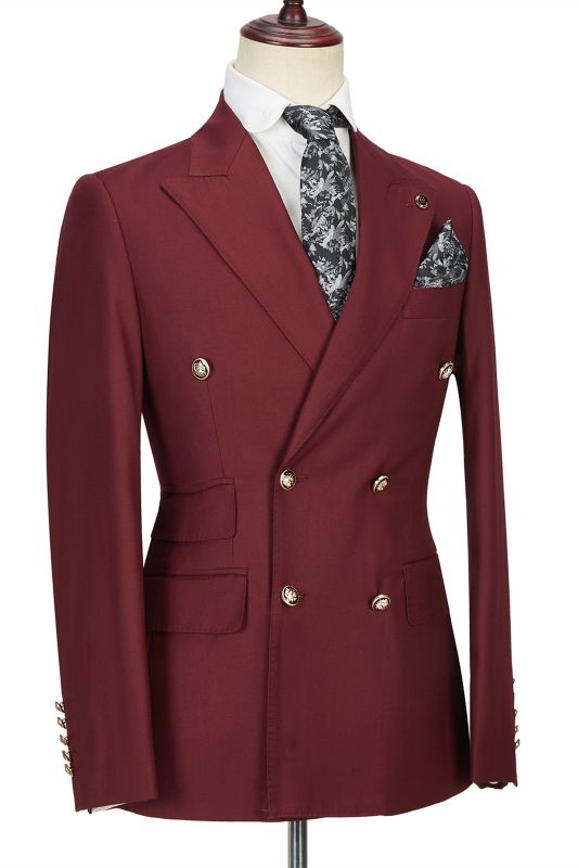 Luman Stylish Double Breasted Burgundy Peak Lapel Mens Formal Suit ...