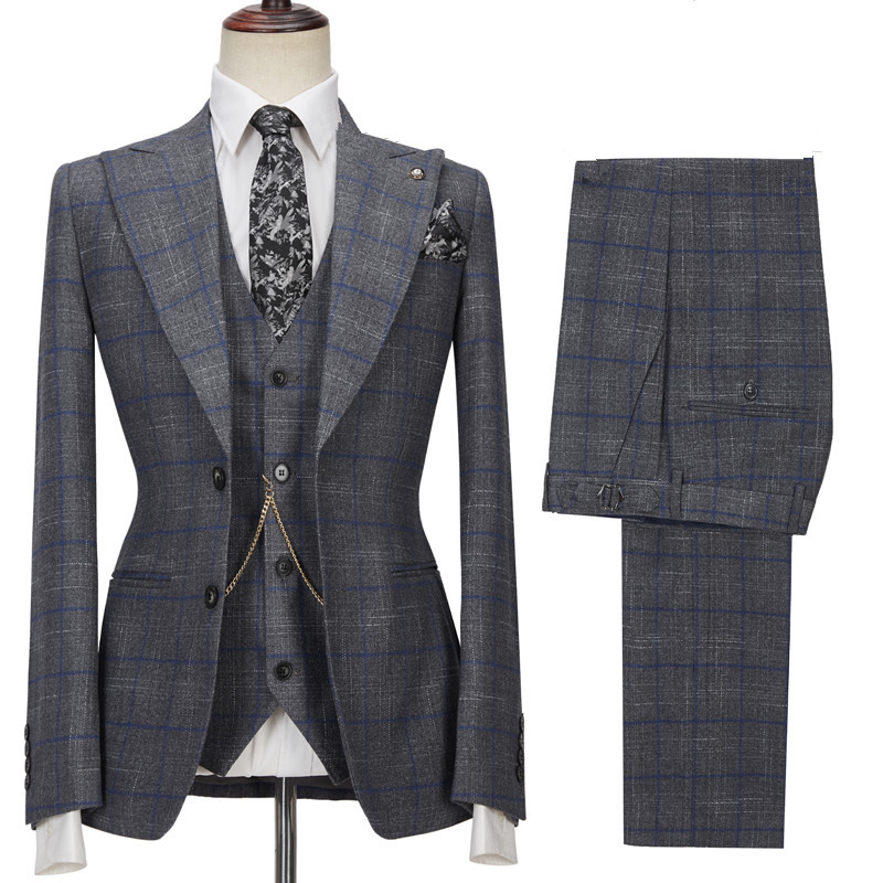 Brendon Gray Bespoke Notched Lapel Three Pieces Plaid Slim Fit Formal 