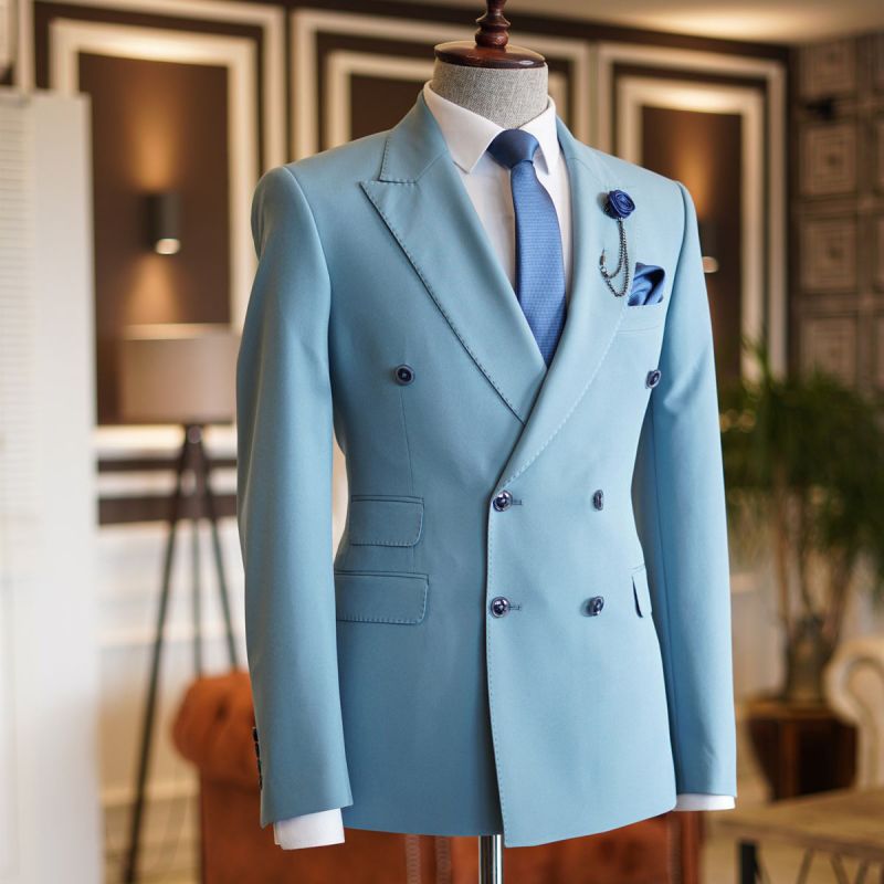 Lambert Sky Blue Peaked Lapel Double Breasted Bespoke Prom Men Suits ...