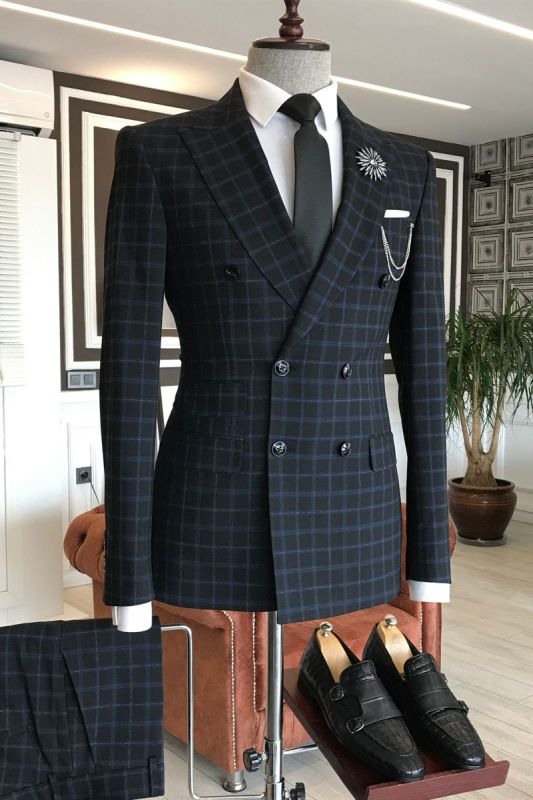 Hyman Formal Black Plaid Peaked Lapel Double Breasted Bespoke Business ...