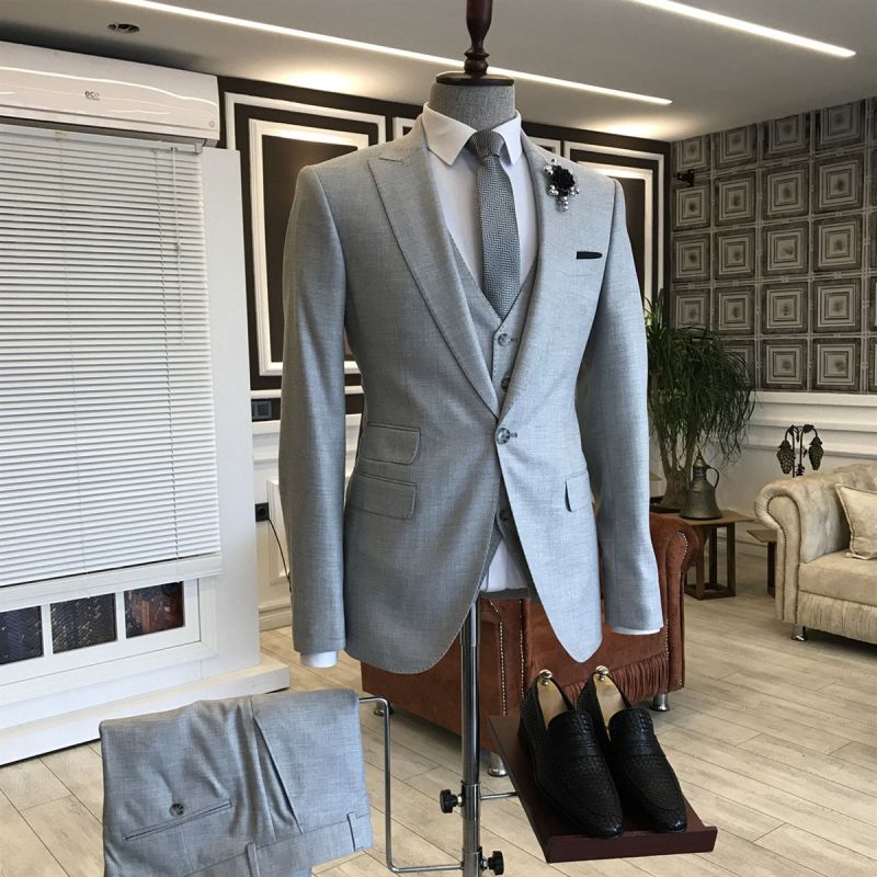 Kent Formal Light Gray 3-Pieces Peaked Lapel Suits For Men Business ...