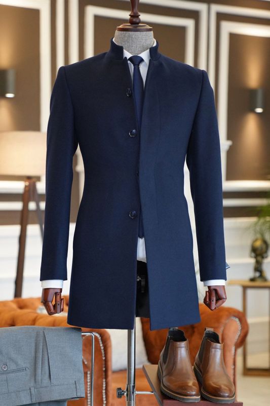 Marvin Navy Blue Stand Collar Slim Fit Tailored Wool Jacket For ...