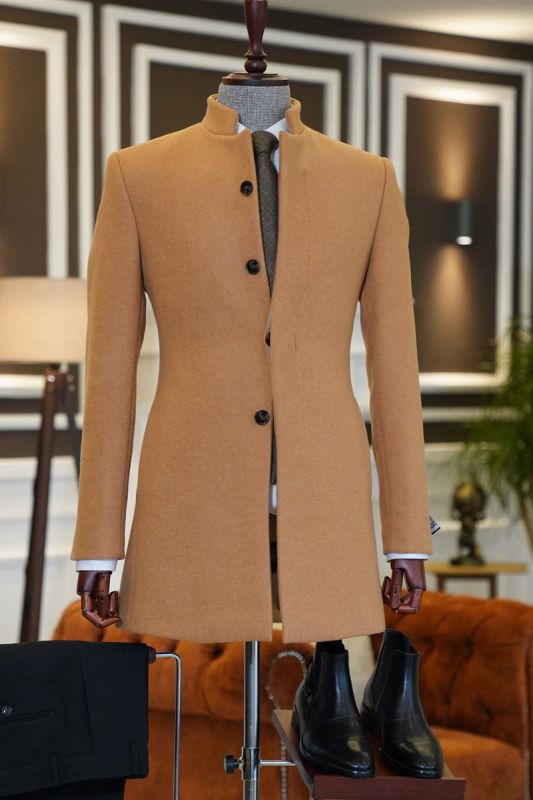 lucien stylish brown stand collar slim fit tailored wool coat for