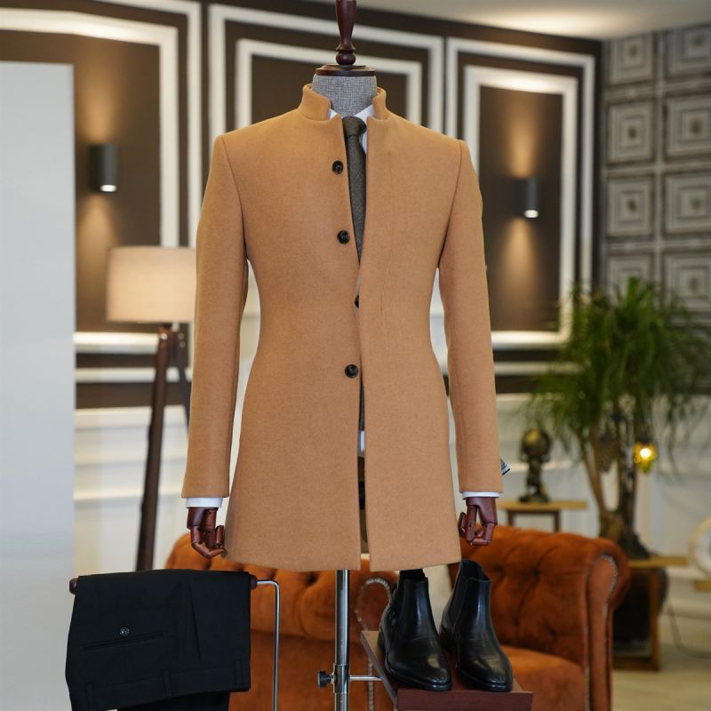 lucien stylish brown stand collar slim fit tailored wool coat for