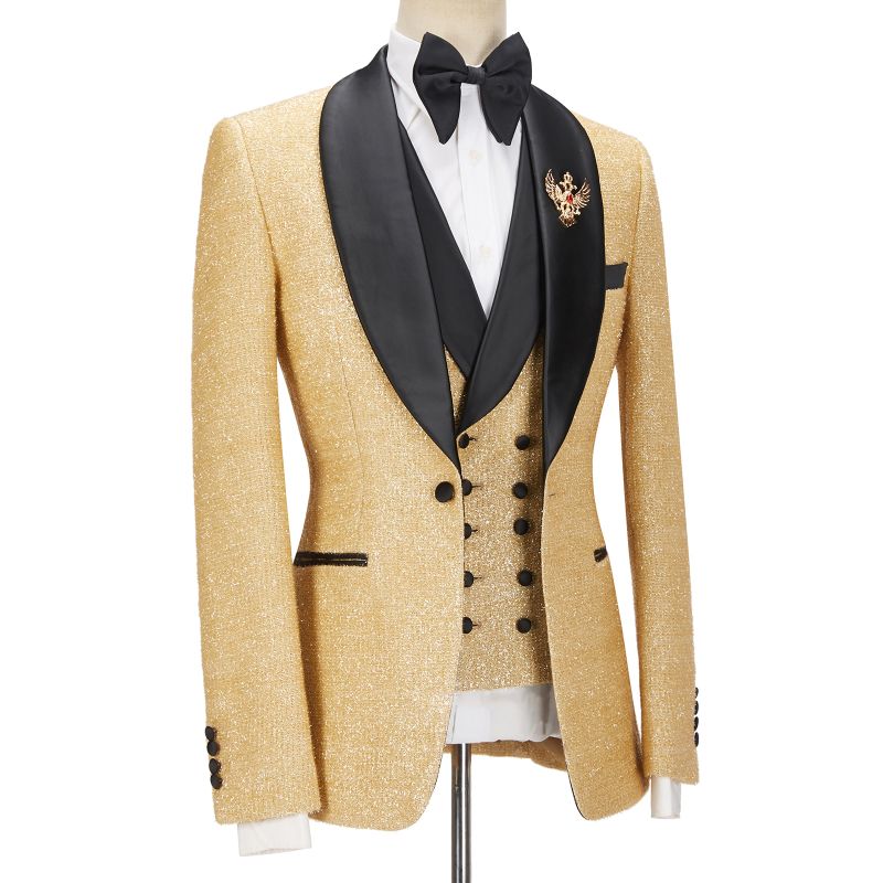 Andrew Sparkly Golden Shawl Lapel Three Pieces Men Suits For Wedding ...