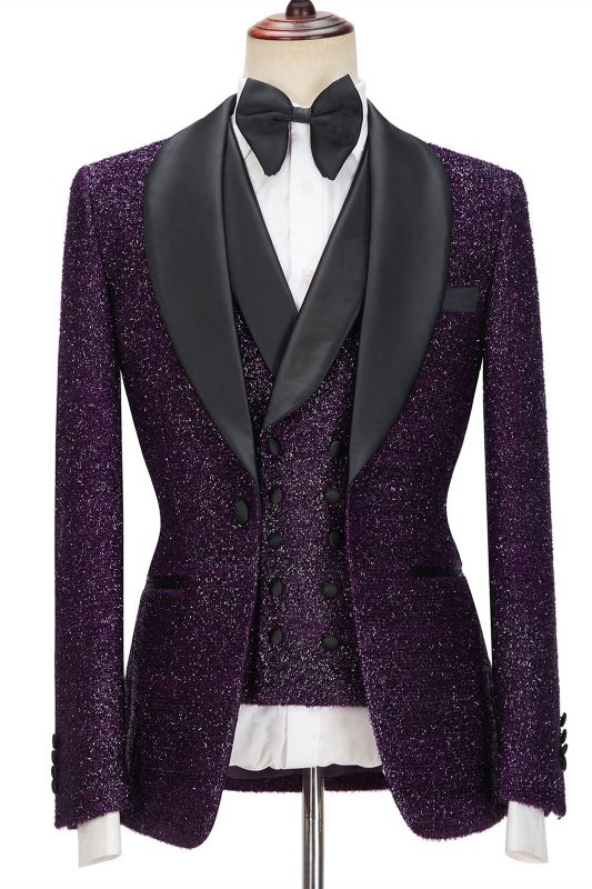 Caleb Bespoke Dark Purple Sparkle Shawl Lapel 3-Pieces Men Suits ...