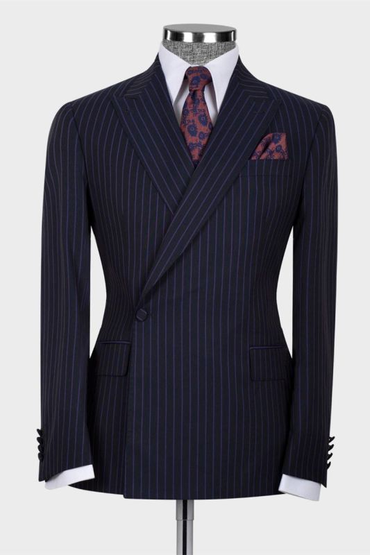 Ira Modern Dark Navy One Button Striped Peaked Lapel Men Suits