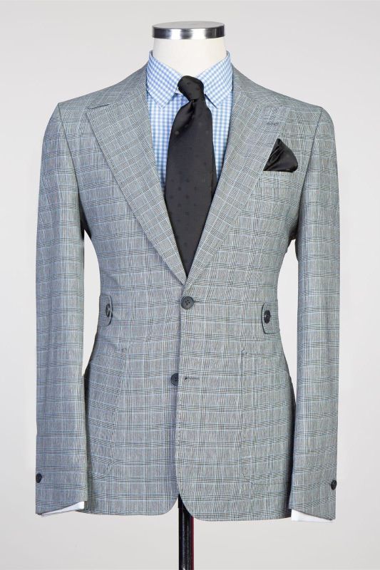 Theodore Light Grey Plaid Two Pieces Close Fitting Men Suits | Allaboutsuit