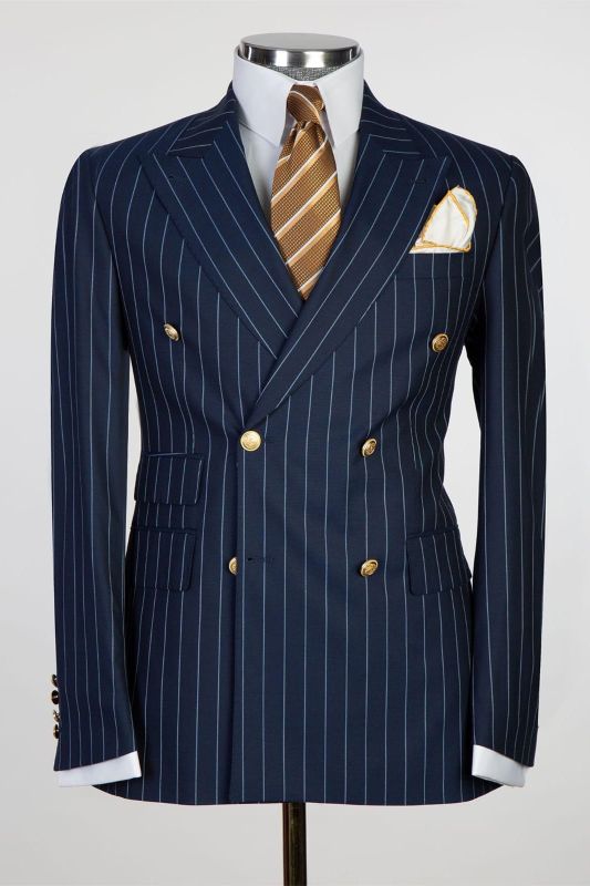 Navy Blue Double Breasted Pinstripe Men's Business Suit