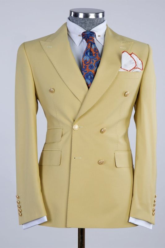 Lenny Sparkly Yellow Double Breasted Peaked Lapel  Men Prom Suits