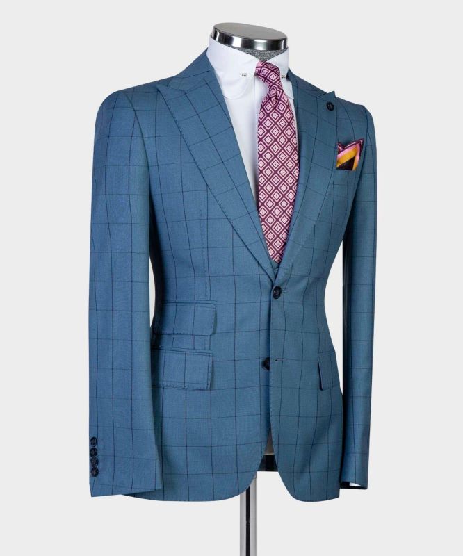 Gordon Fashion Blue Plaid Slim Fit Peaked Lapel Three Pieces Men Suits ...