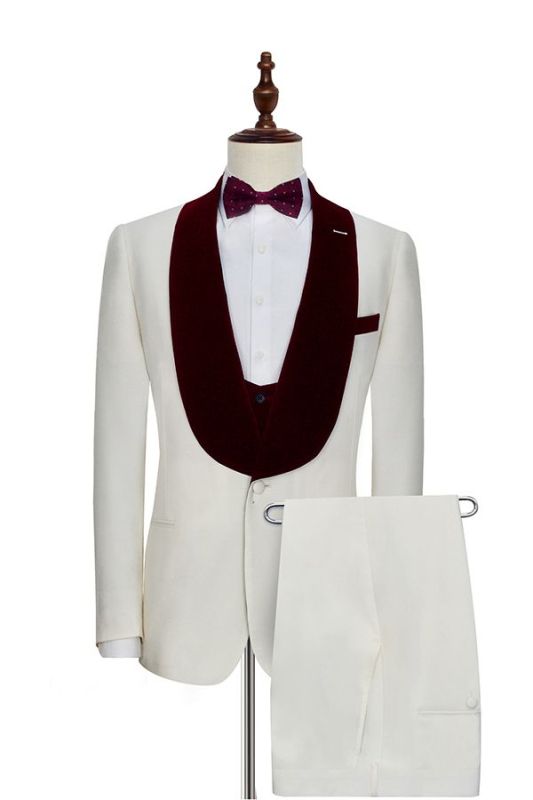 Velvet Shawl Collar White Wedding Tuxedos | Three Piece Wedding Suits with Burgundy Vest