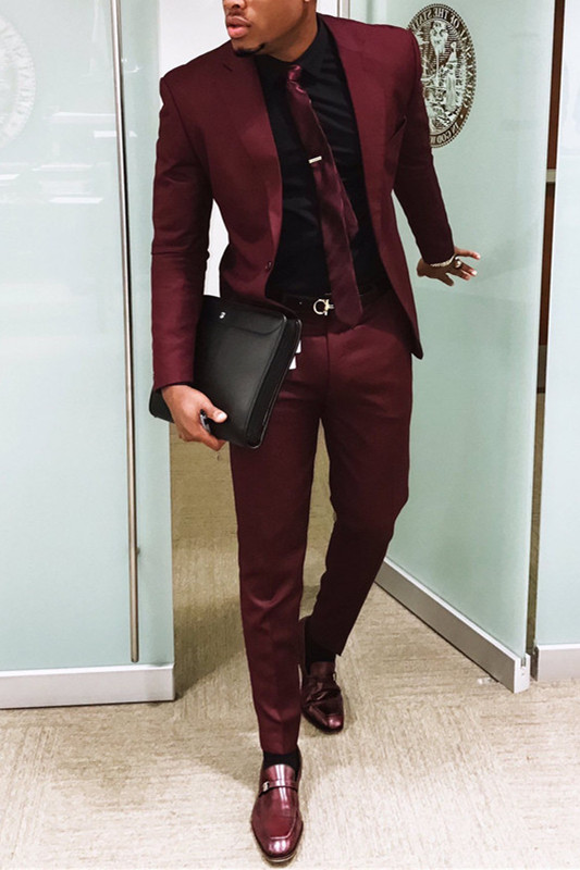 Handsome Burgundy Mens Suits Business Suits | Slim Fit One Button Prom ...