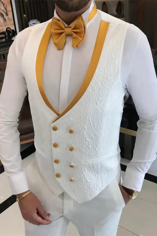 Lewis Charming White Three Pieces Prom Suits White Gold Peaked Lapel ...