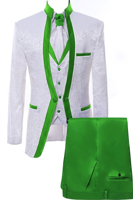 Montague Chic Green Shawl Lapel Jacquard Three Pieces Wedding Suits