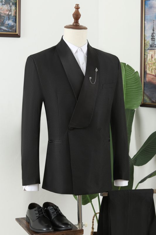 Nash Fancy Black Shawl Lapel Double Breasted Wedding Men Suits