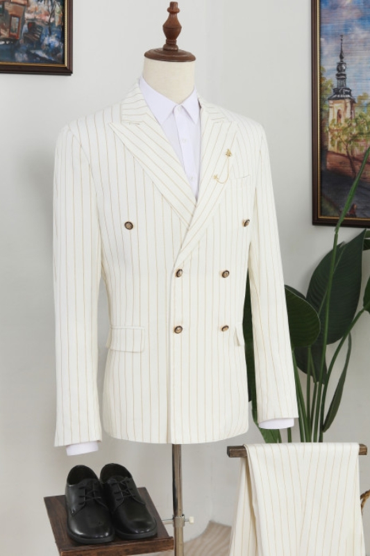 Noah Chic Off-White Striped Peaked Lapel Double Breasted Prom Men Suits