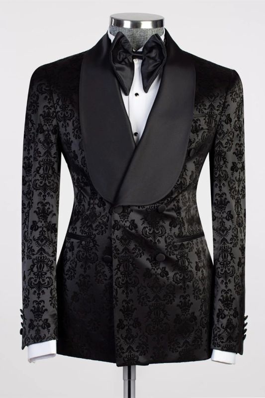 Double Breasted Black Floral Jacquard Shawl Lapel Men's Suit