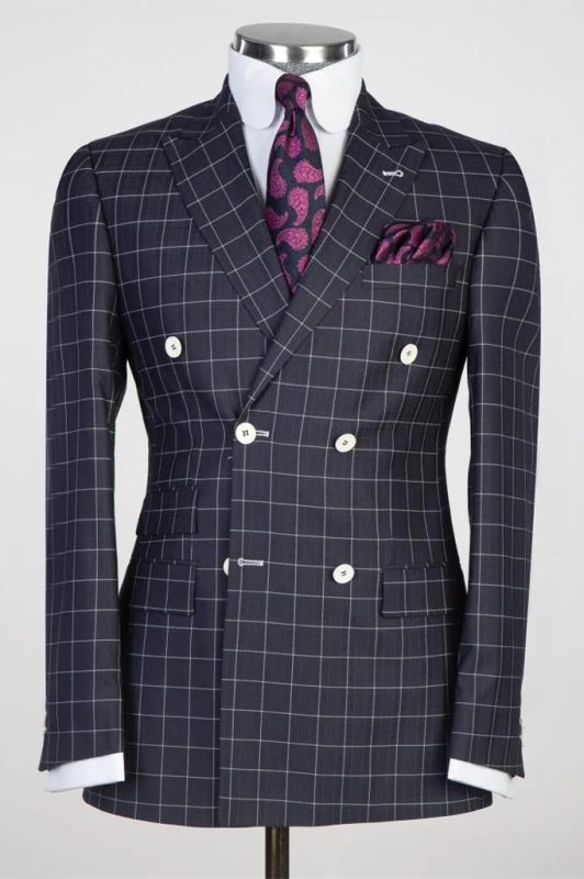 Oswald Black Peaked Lapel Double Breasted Plaid Business Suits