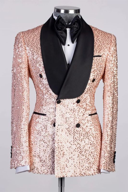 Fashion Champagne Gold Men's Prom Suit with Black Satin Lapel