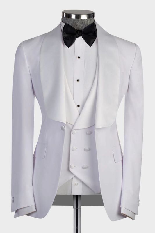 Classic Three Pieces Satin Shawl Lapel White Wedding Suit with Waistcoat