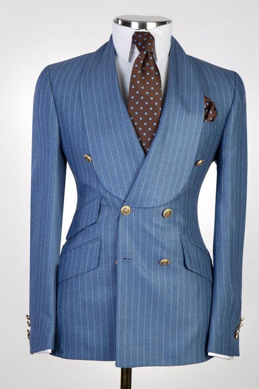 Formal Pinstripes Double Breasted Shawl Lapel Blue Men's Business Suit