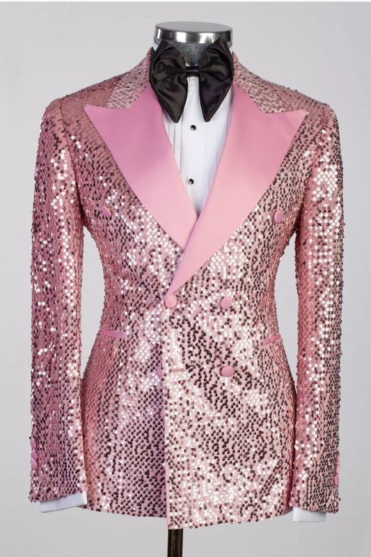 Candy Pink Sequins Prom Suit with Satin Peaked Lapel