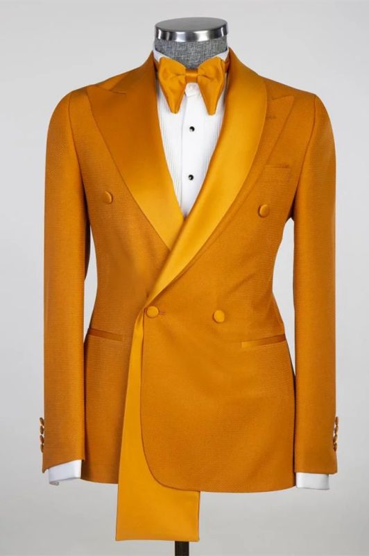 Stylish Orange Peaked Lapel with Two-layer Satin Double Breasted Men's Suit