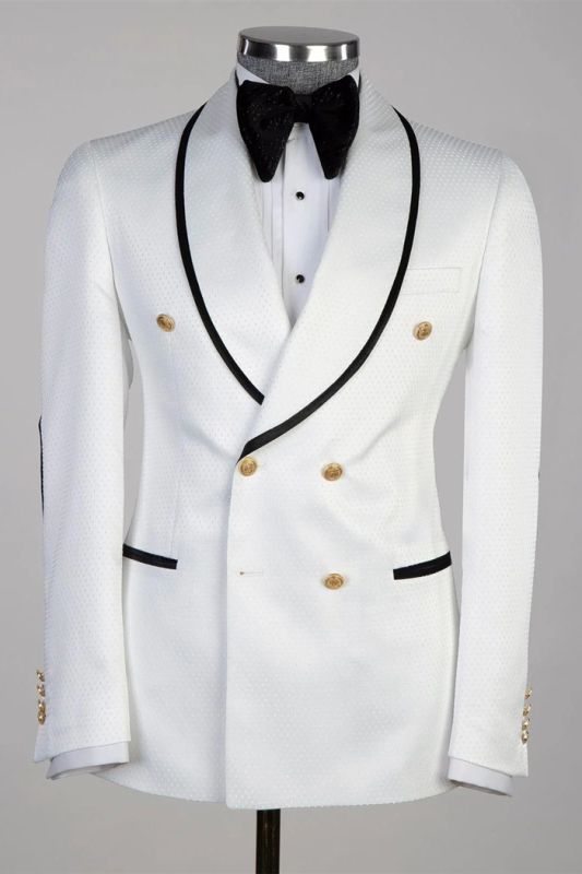 Double Breasted Golden Buttons White Wedding Suit with Black Edge