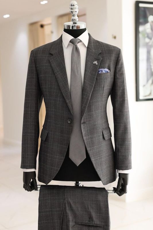 Rhodes Dark Gray Notched Lapel Plaid Business Suits