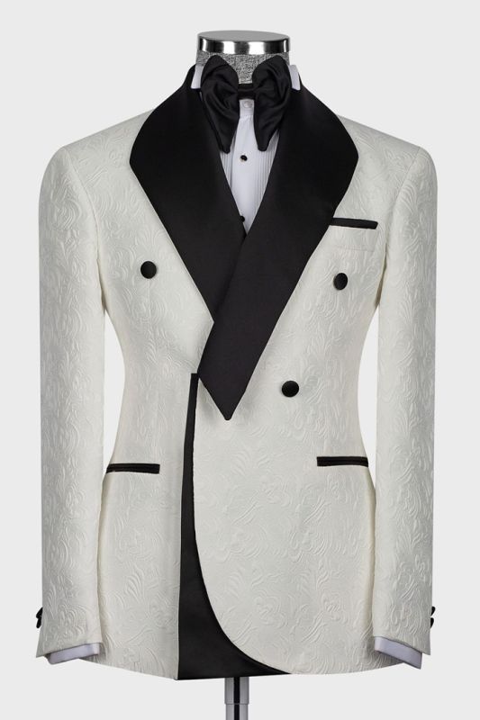 Porter White Shawl Lapel Jacquard Double Breasted Wedding Suits